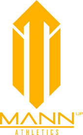 a yellow and white logo for mann up athletics