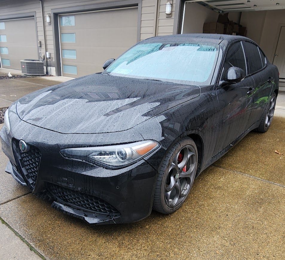 A black car is parked in front of a garage.