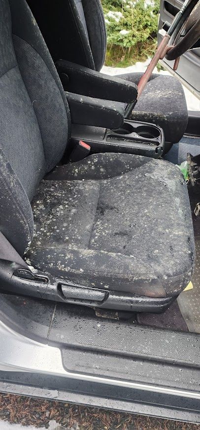 A close up of a dirty car seat in a car.