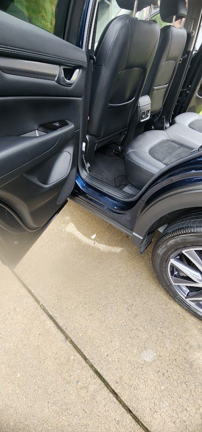 The back seat of a car with the door open.