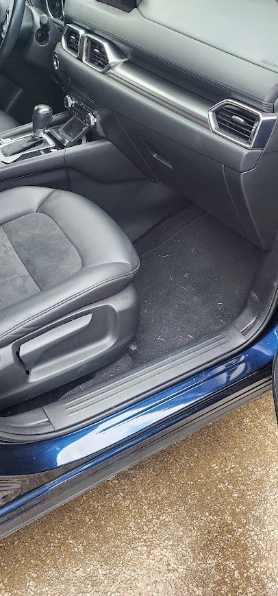 The inside of a blue car with the door open.