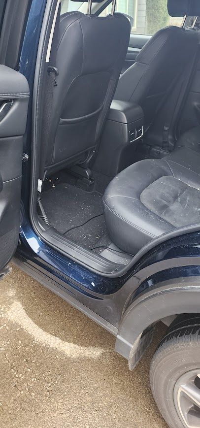 The back seat of a blue car with the door open.