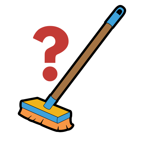 A cartoon drawing of a broom with a question mark behind it.