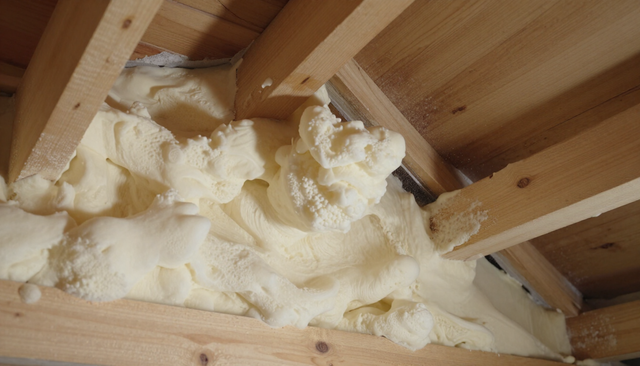 Foam insulation packed between wooden rafters in an attic ceiling