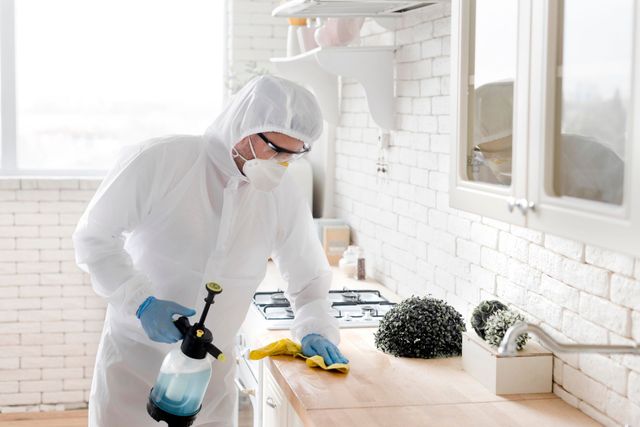 Person in protective suit cleaning a kitchen countertop with a spray bottle and cloth