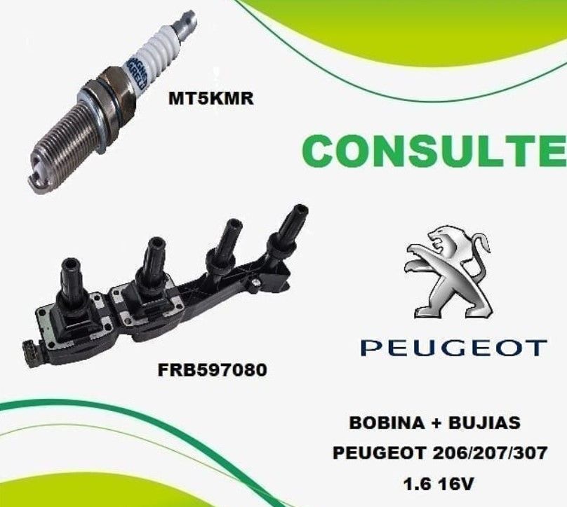 Anuncio gráfico de bobina de encendido y bujía Peugeot sobre fondo blanco y verde con el logotipo de Peugeot y los números de pieza.