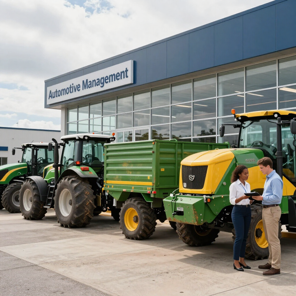 Tractores y maquinaria agrícola expuestos frente a un concesionario de Automotive Management, con dos personas conversando.