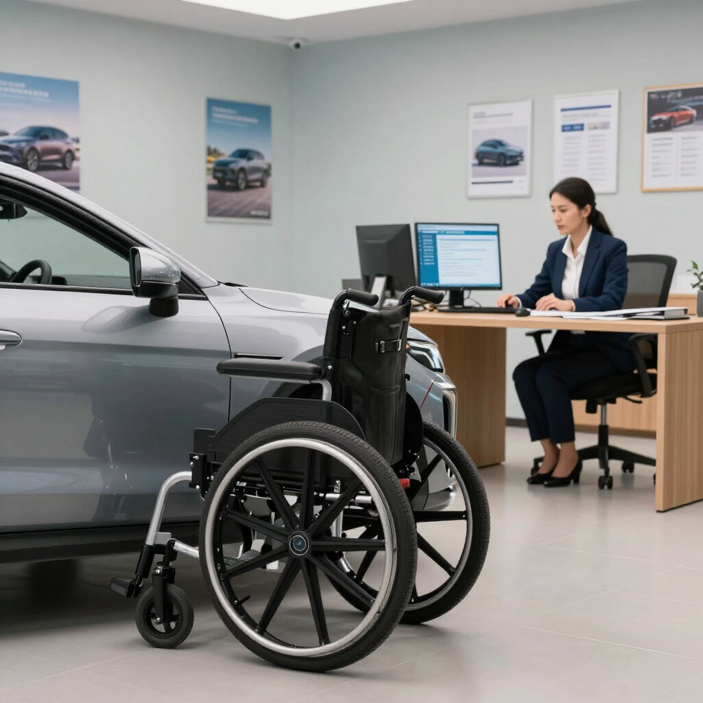 Sala de exposición de coches con un coche plateado, una silla de ruedas delante y un vendedor en un escritorio.