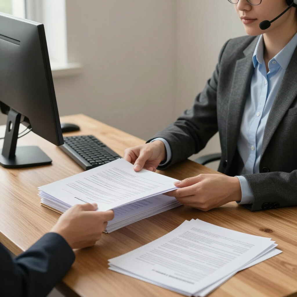Un agente de atención al cliente, con auriculares puestos, revisa documentos con un cliente al otro lado de un escritorio.