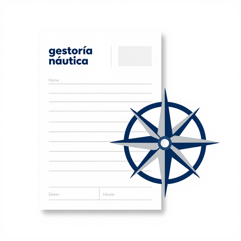 Bloc de notas con temática náutica, rosa de los vientos azul y logotipo de “gestoria náutica” sobre fondo blanco.