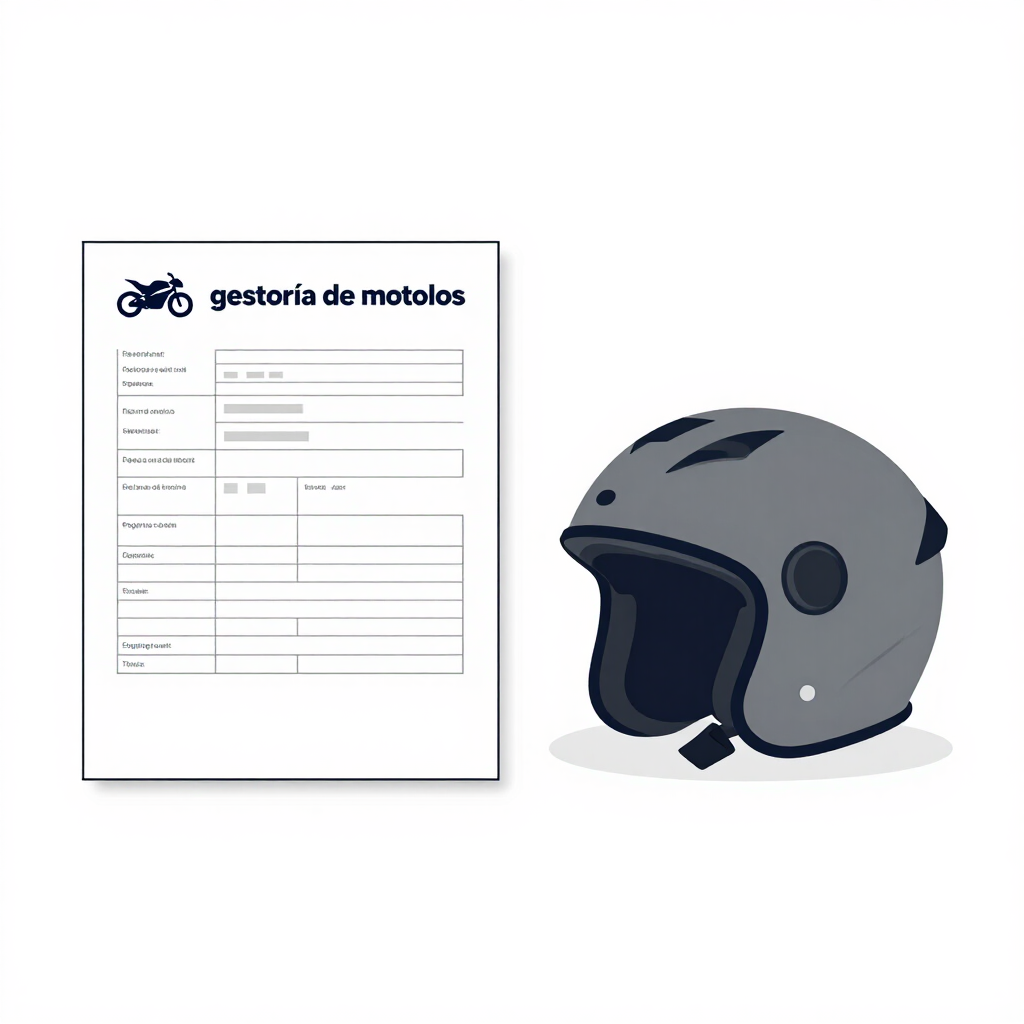 Formulario de seguro de motocicleta junto a un casco abierto gris sobre un fondo blanco.