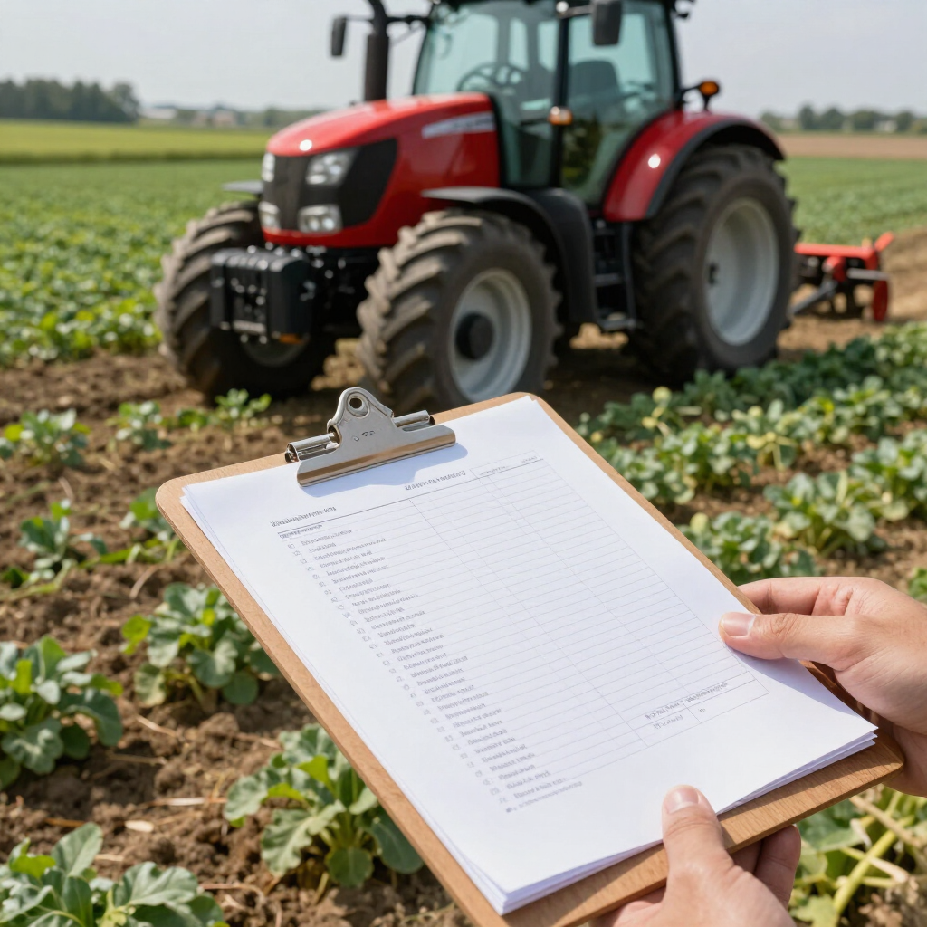 Portapapeles de un agricultor en primer plano con un tractor rojo trabajando en un campo verde.