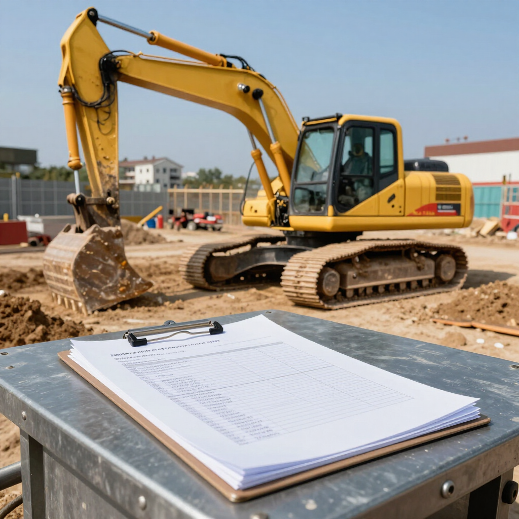 Excavadora amarilla en una obra de construcción con un portapapeles sobre una mesa metálica en primer plano.