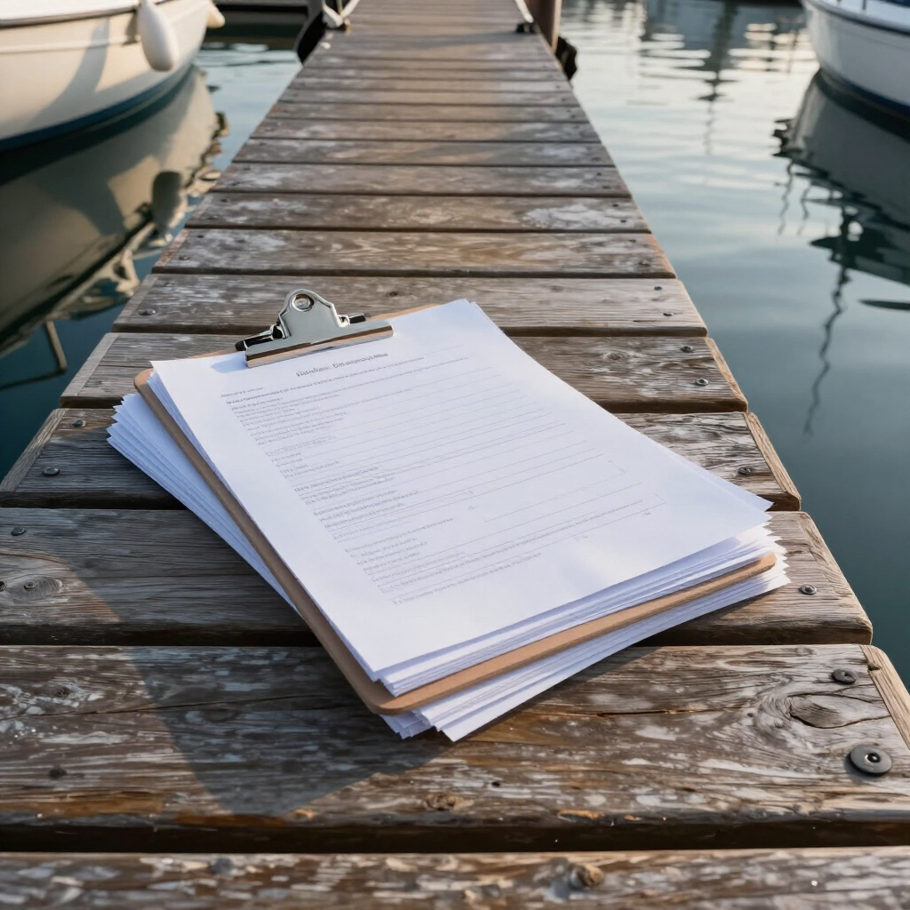 Portapapeles con documentos sobre un muelle de madera desgastado junto a aguas tranquilas y barcos.