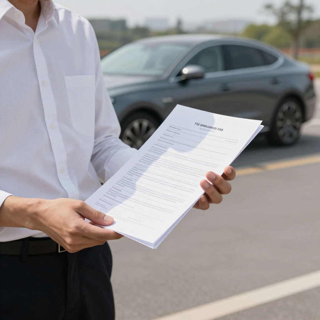 Persona sosteniendo un documento delante de un coche gris aparcado al borde de la carretera.