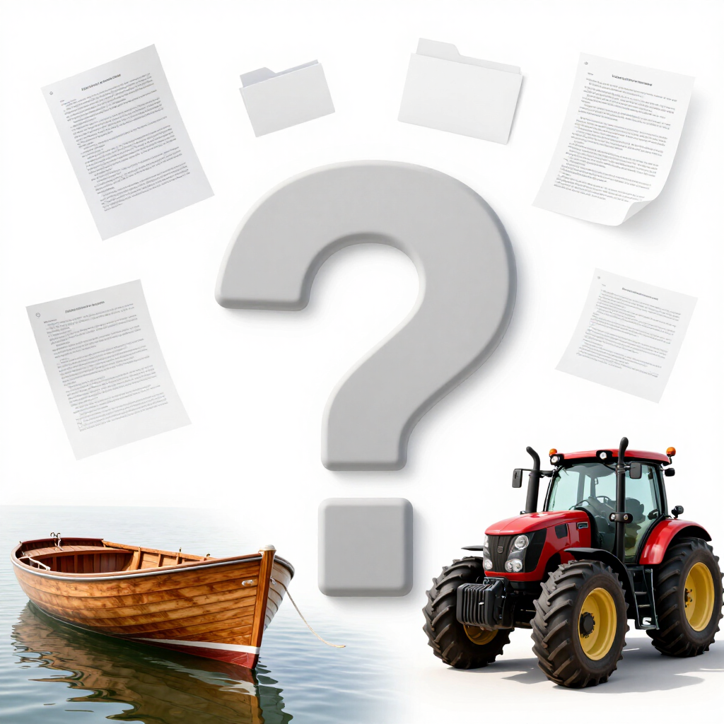 Un barco de madera y un tractor rojo junto a un gran signo de interrogación gris con papeles flotando.