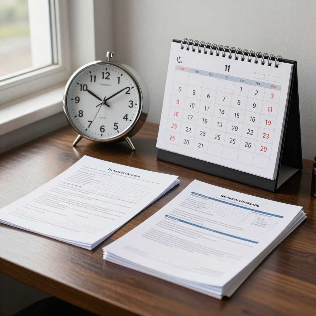 Escritorio con reloj analógico, calendario de escritorio y documentos apilados junto a una ventana.