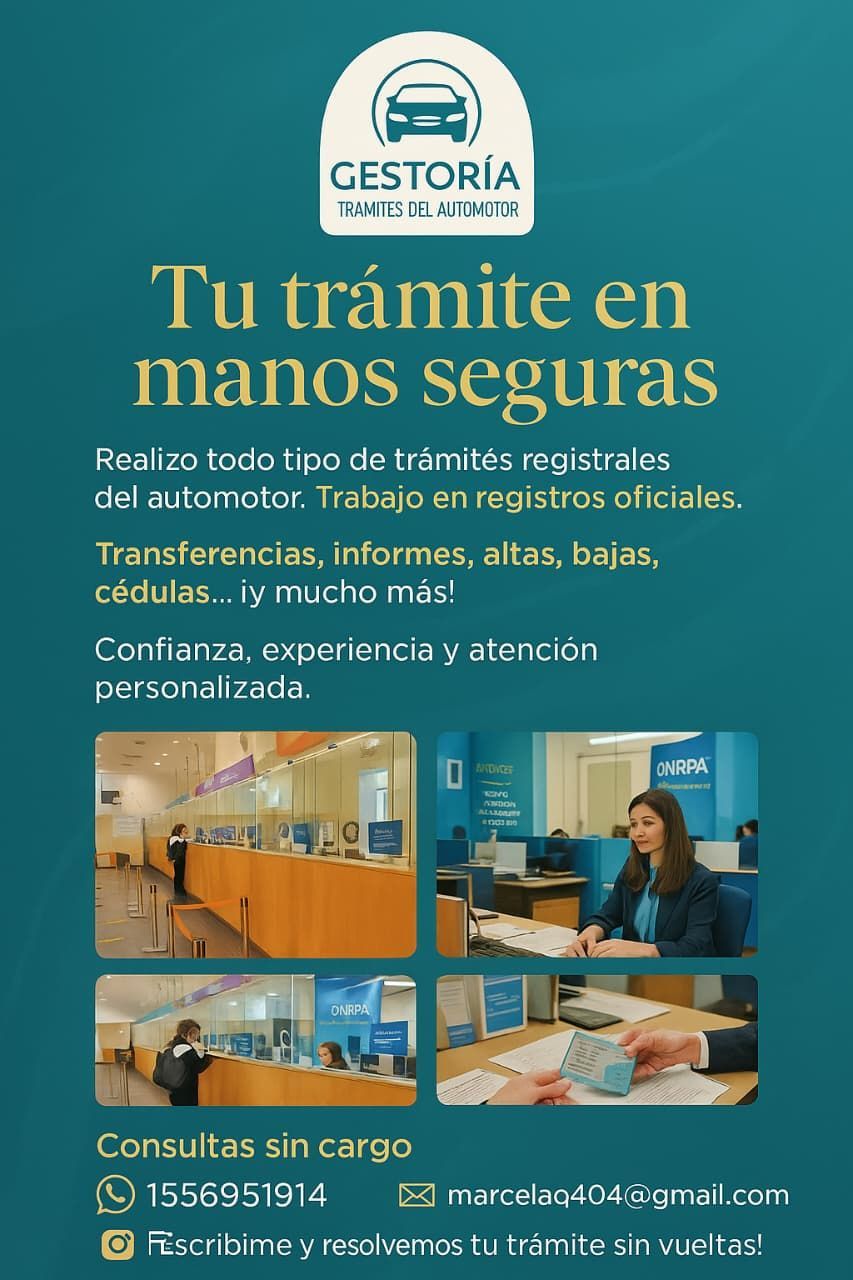 Banner publicitario turquesa de gestoría para trámites de vehículos y registro oficial, con fotos de oficina.