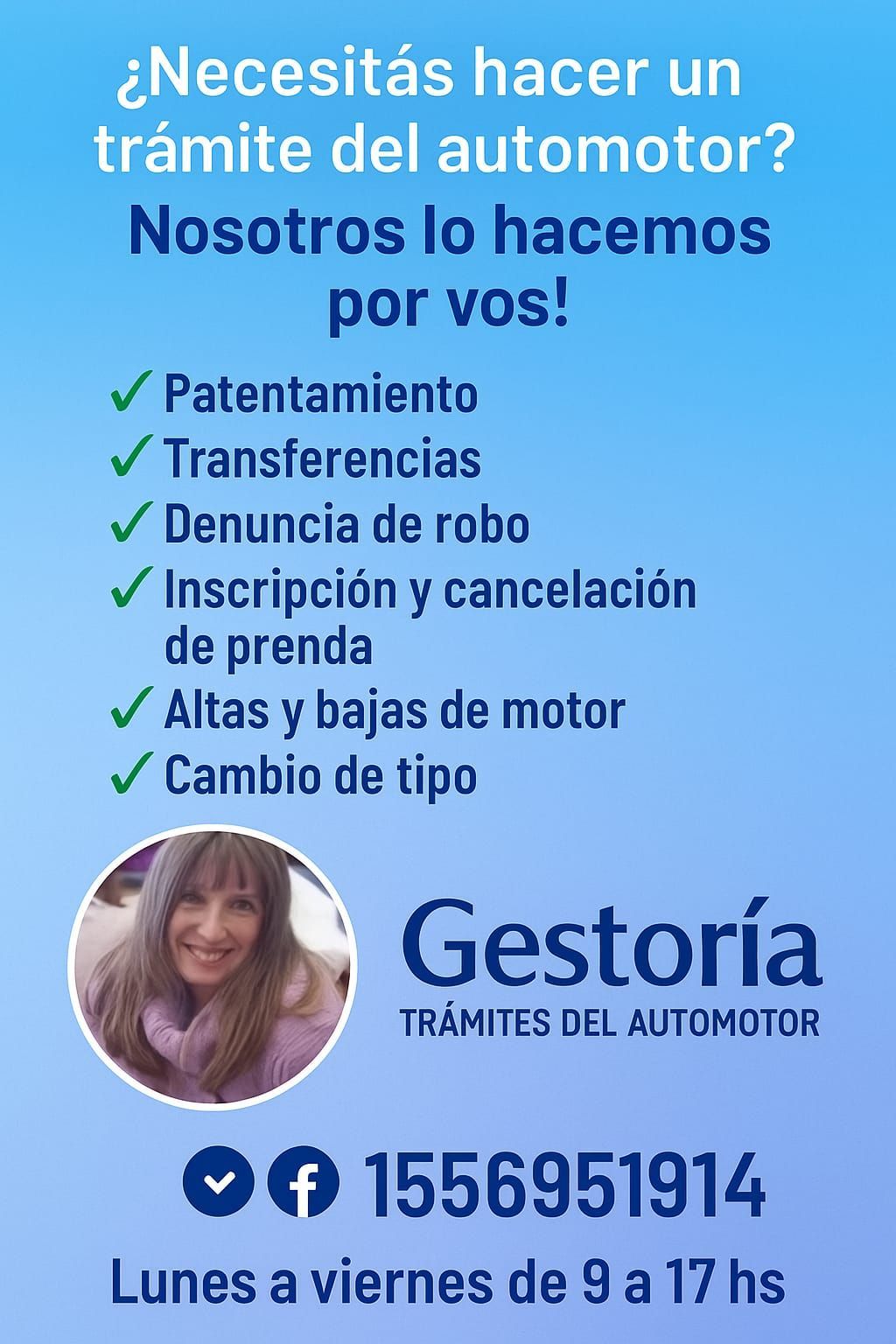 Cartel azul de gestoría para trámites automotores con lista de servicios y teléfono 1556951914