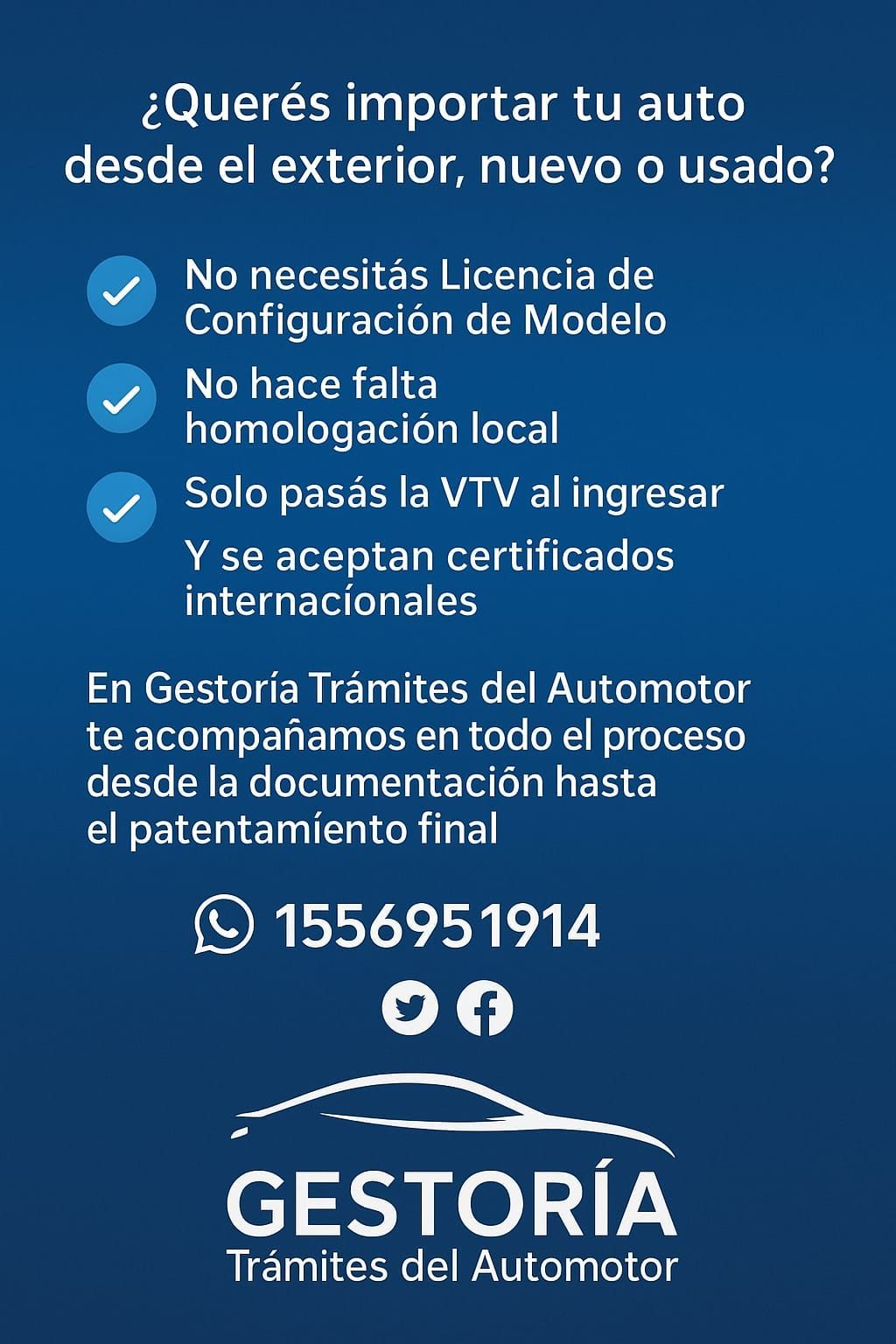 Anuncio azul de gestoría para importar autos usados desde el exterior, con texto y logo de WhatsApp.
