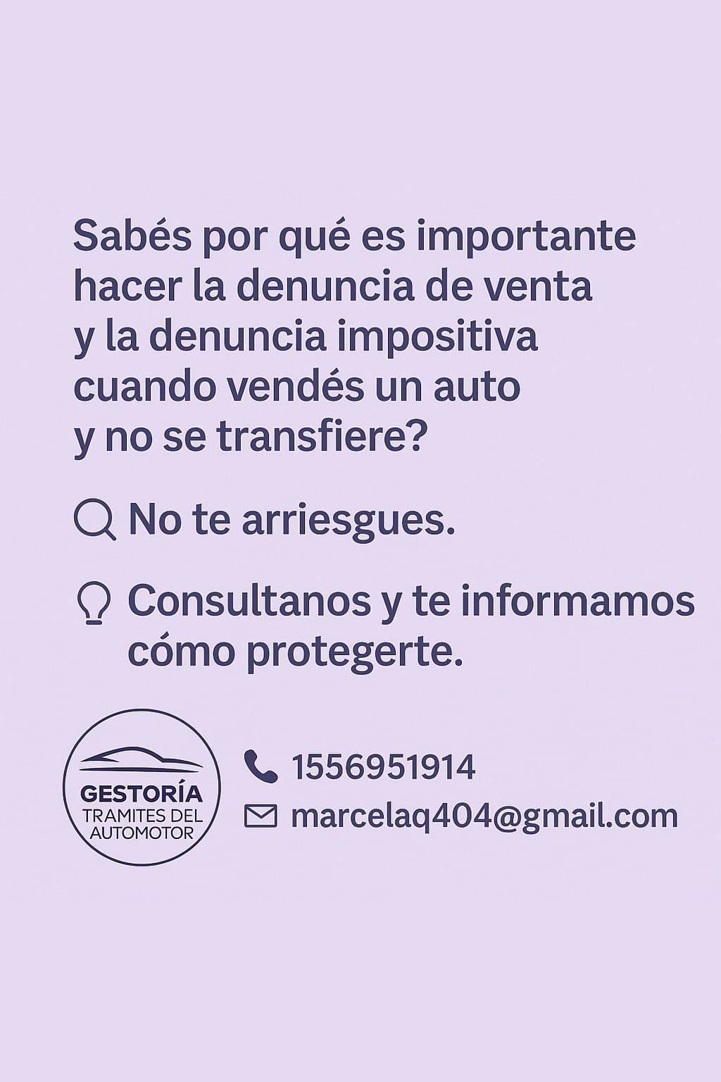 Aviso en fondo lila sobre venta de auto sin transferir, con mensaje de protección y contacto por WhatsApp y email.