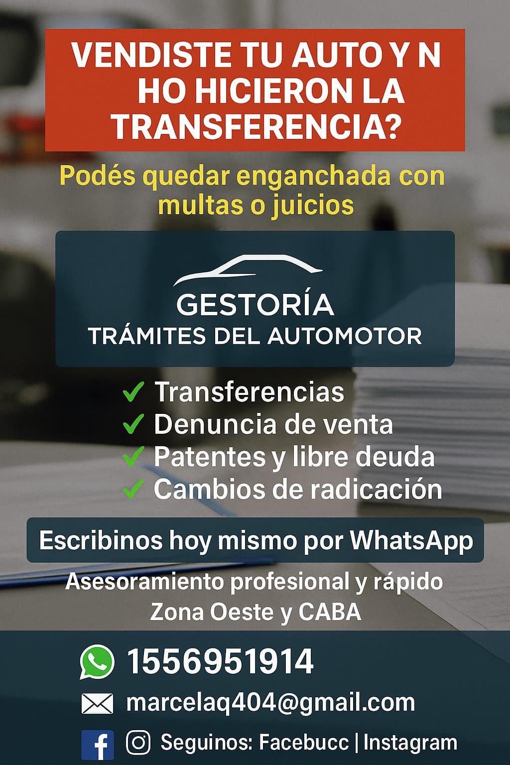 Aviso de gestión de trámites del automotor: transferencia, venta, patente y radicación; fondo azul con texto rojo y blanco.