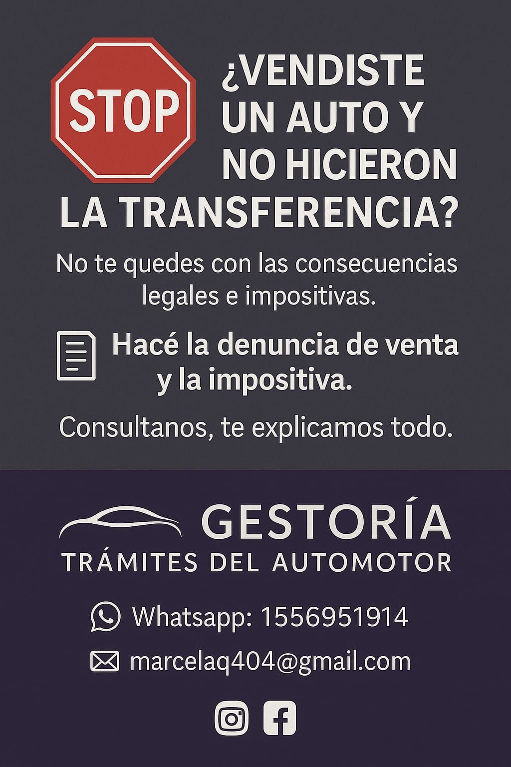 Anuncio en español de ayuda para la transferencia de automóviles: señal de STOP roja, fondo oscuro, información de contacto