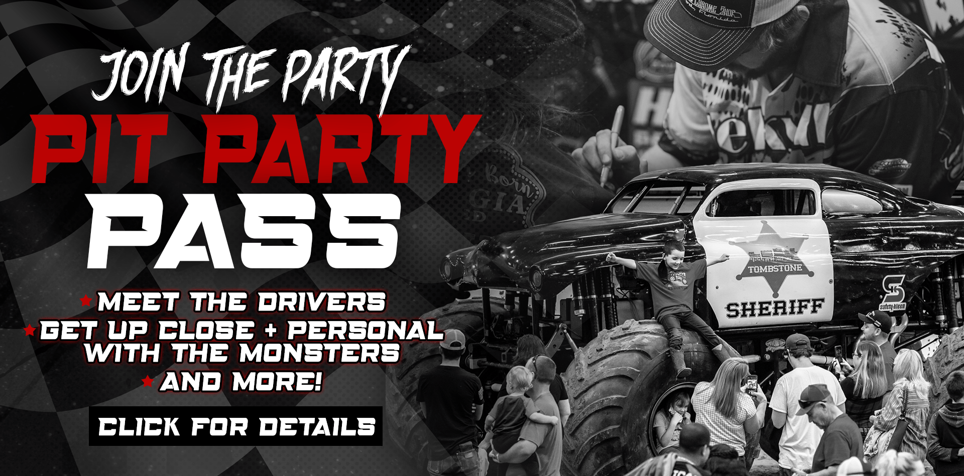 Ad for a pit party pass with a monster truck, featuring text: 