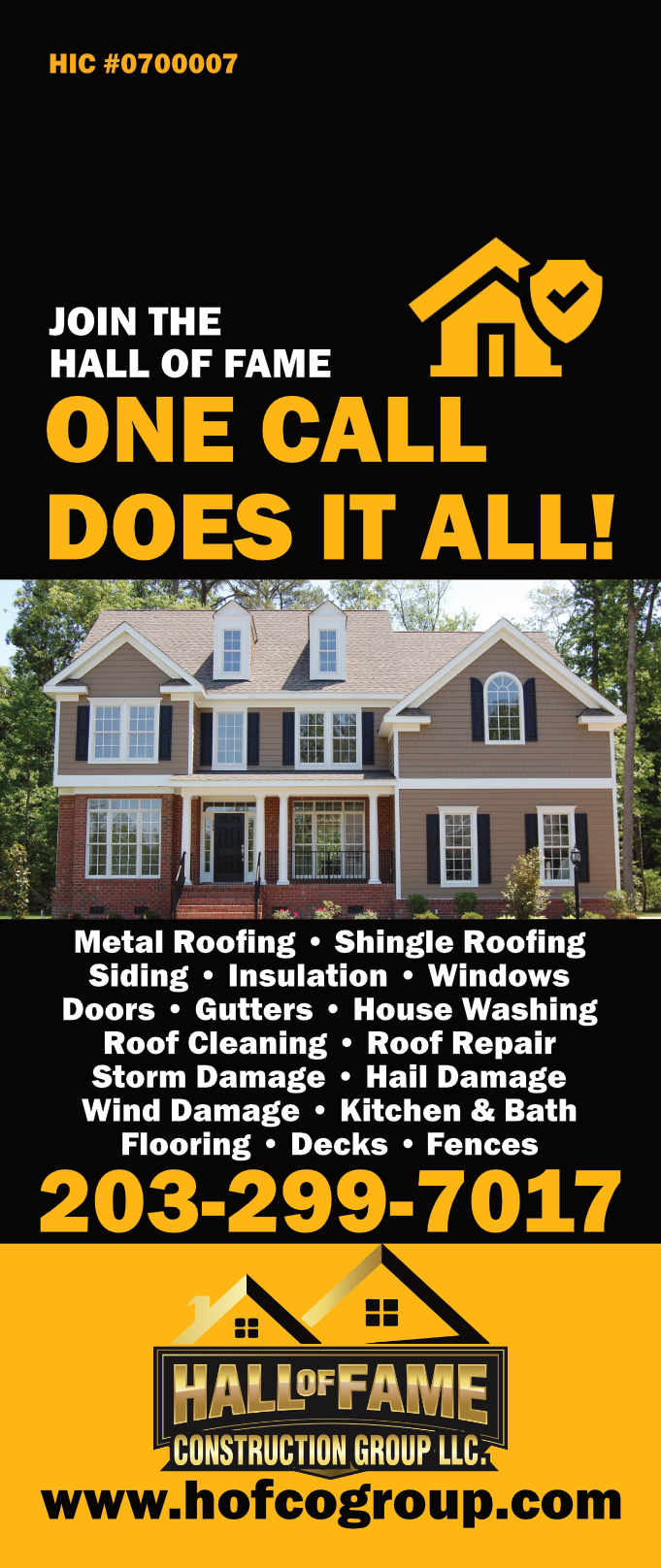 An advertisement for hall of fame construction group llc