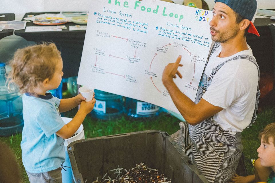 Child and adult discussing a food loop poster beside a compost bin in a classroom setting