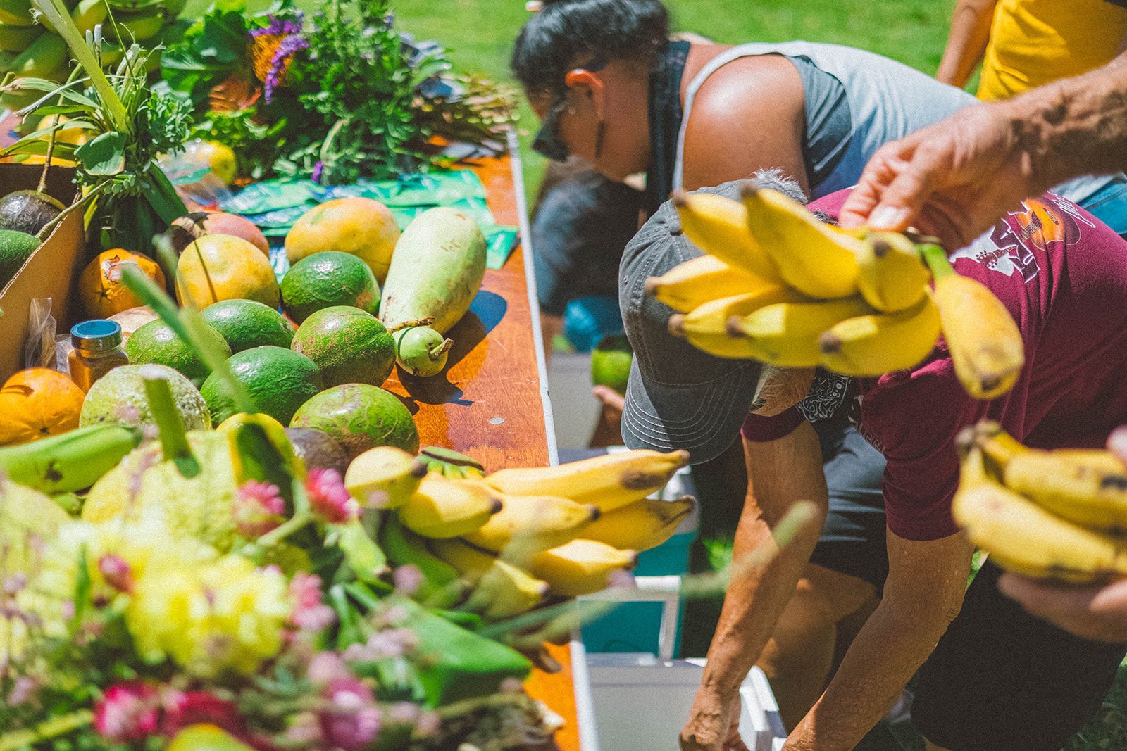 People buying bananas and tropical fruit at an outdoor market stall
