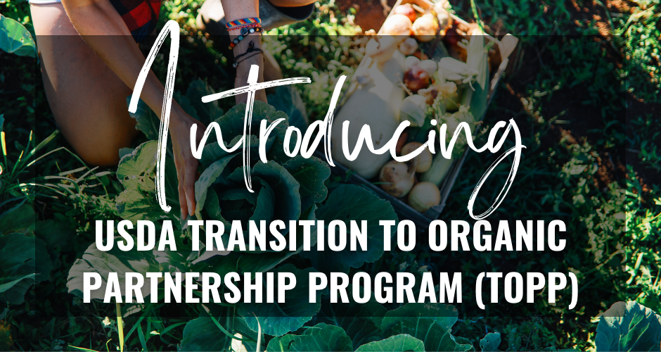 Introducing USDA Transition to Organic Partnership Program (TOPP) over leafy green produce with a hand