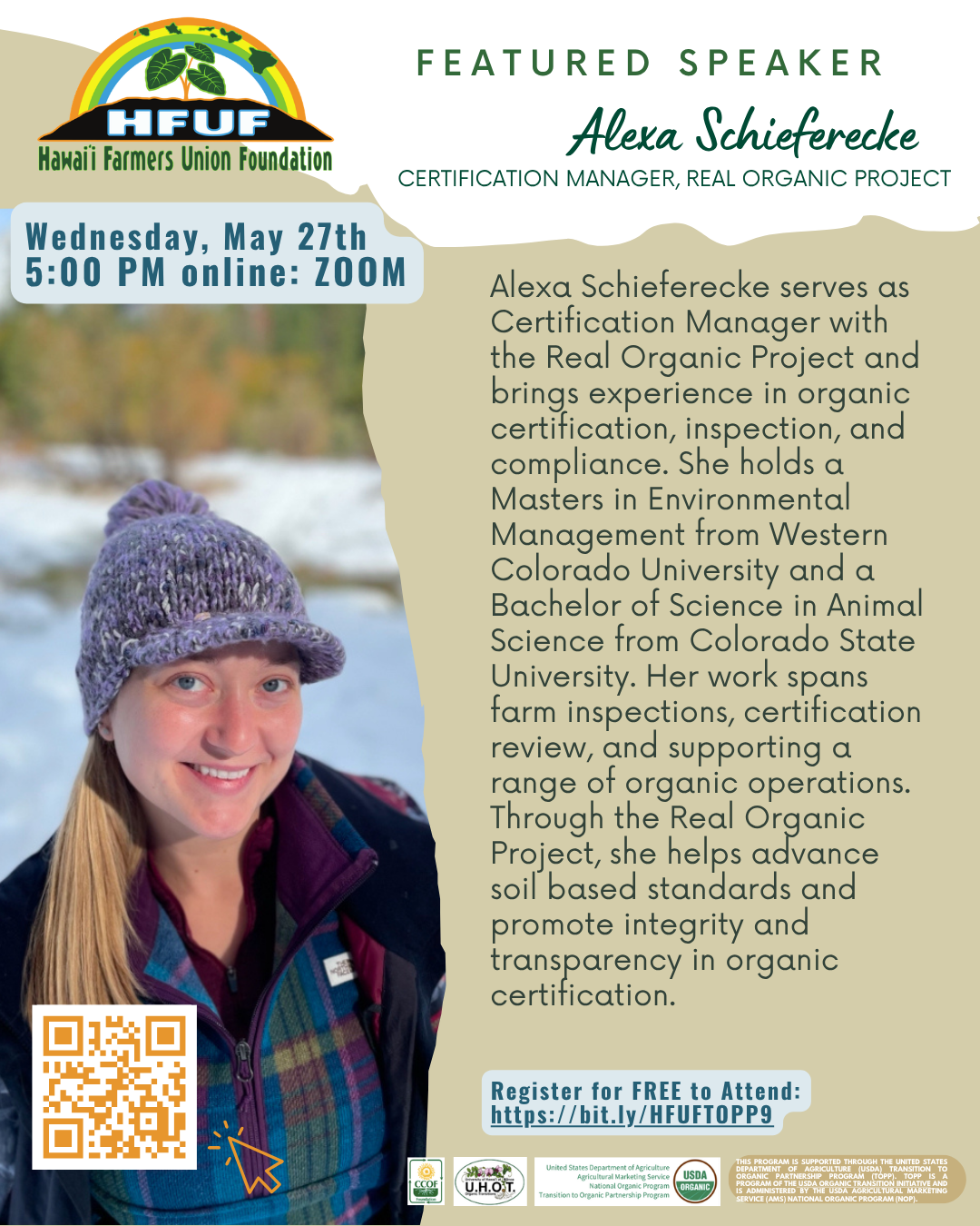 Featured speaker flyer with smiling woman, rainbow logo, and text about an online Zoom talk on May 29 at 5 PM.