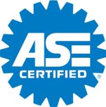 Blue ASE Certified logo with a gear-shaped border and white text.