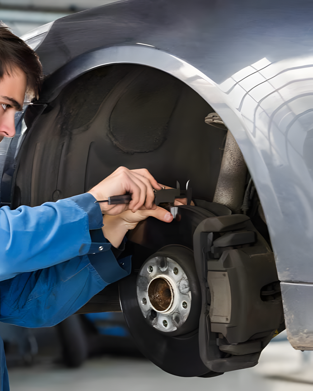 Mechanic working on car's brake system, wearing blue coveralls. Focus on brake components, rim and rotor.