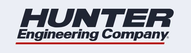 Hunter Engineering Company logo. Dark blue text on light blue background, with red underline.