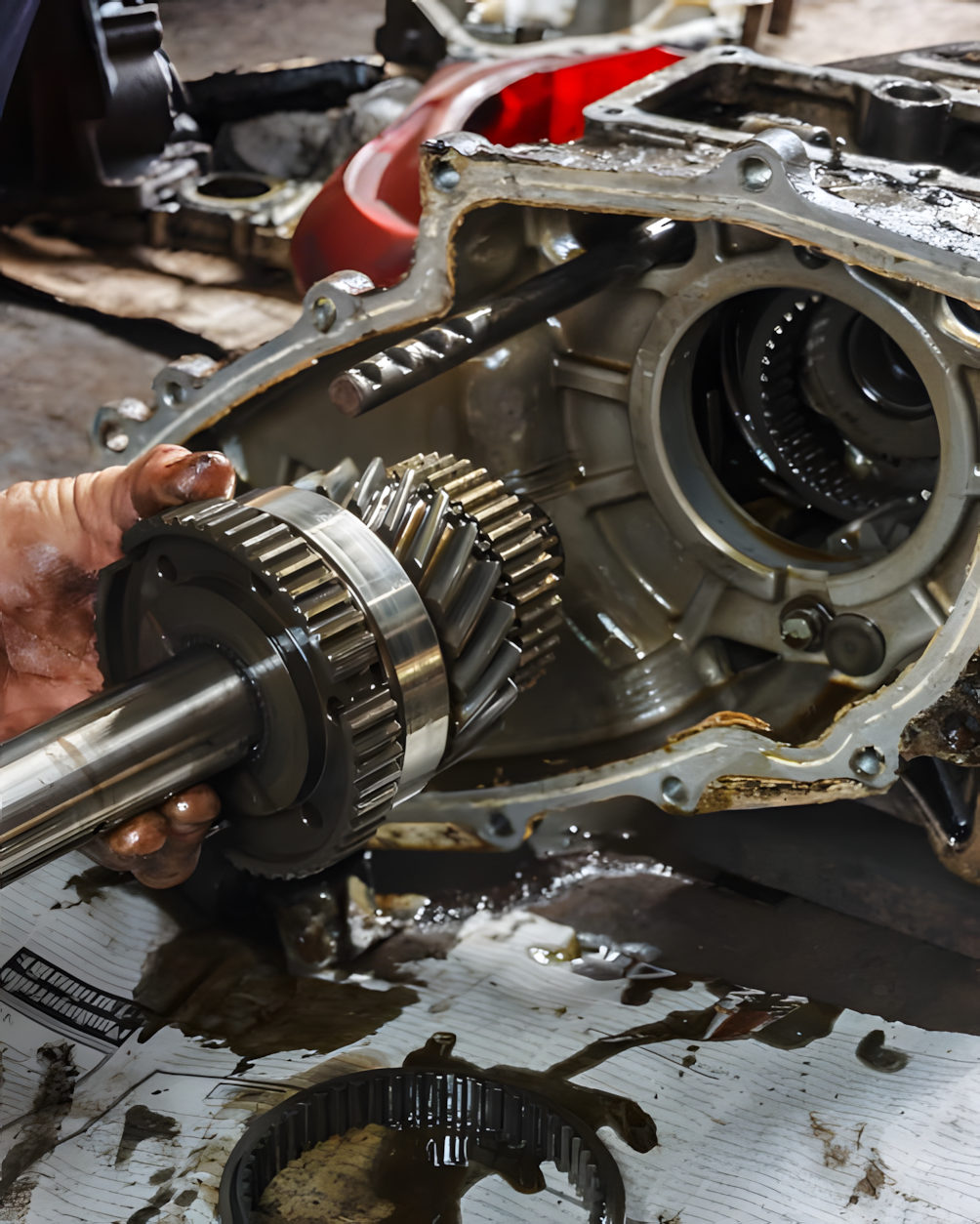 Hand holding a gear assembly over an open automotive transmission casing in a workshop, oily.