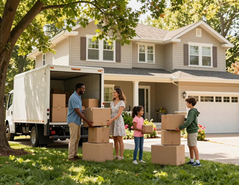 Family unloading moving boxes outside their new home in New York
