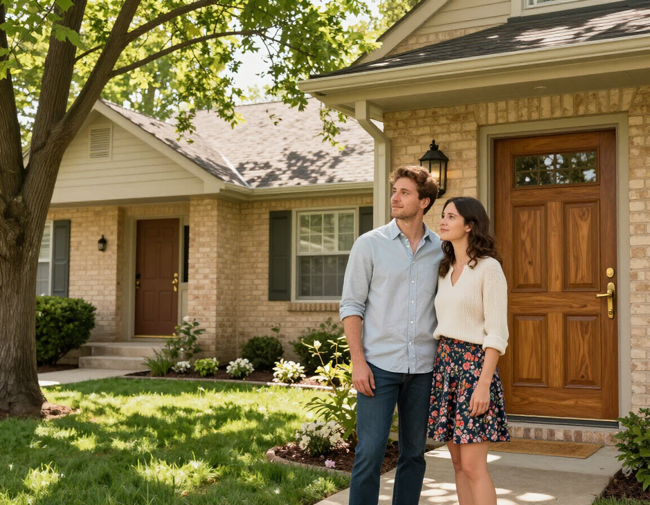Young couple standing outside their new home in New York
