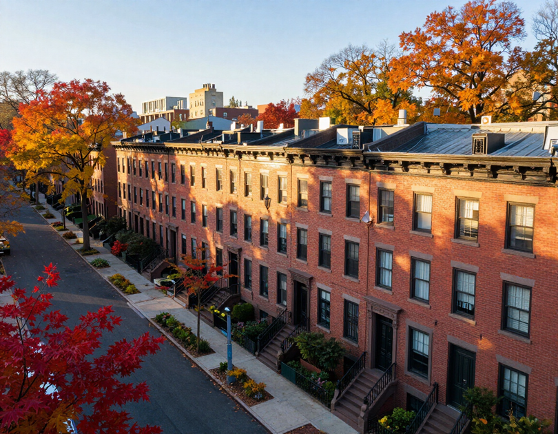 Aerial view of a well-maintained New York residential block