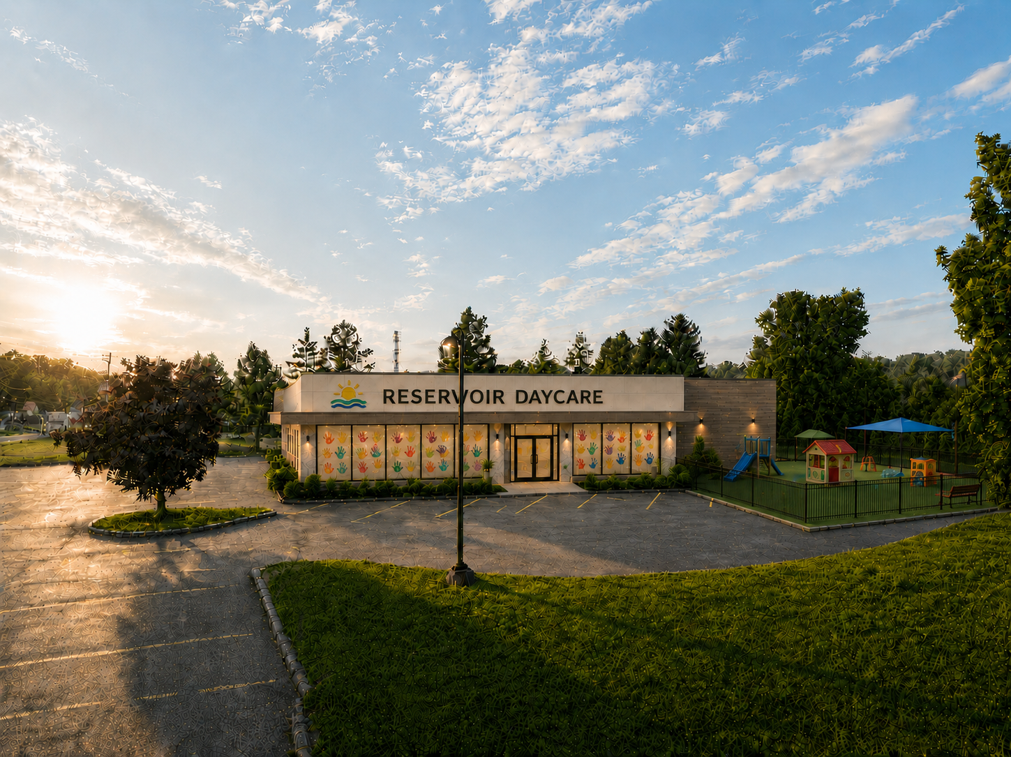 Reservoir Daycare building at sunset with trees, fenced playground, and a paved entrance area