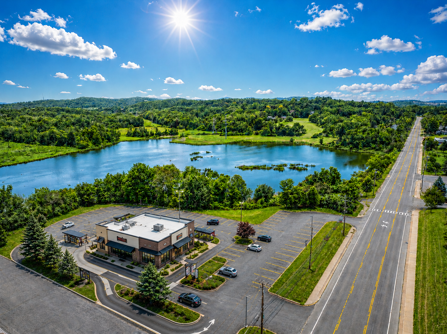 Aerial view of a lakeside parking lot, building, and highway beside a blue lake and green forest under a sunny sky.