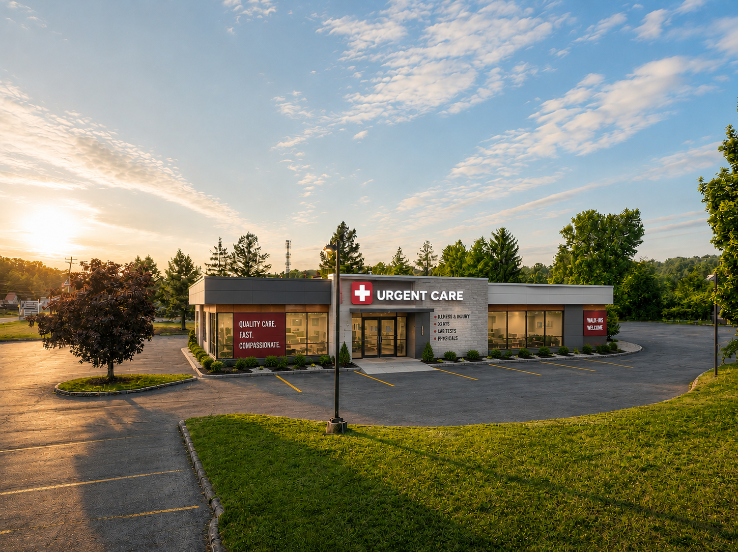Urgent care clinic building at sunset with a parking lot and trees nearby