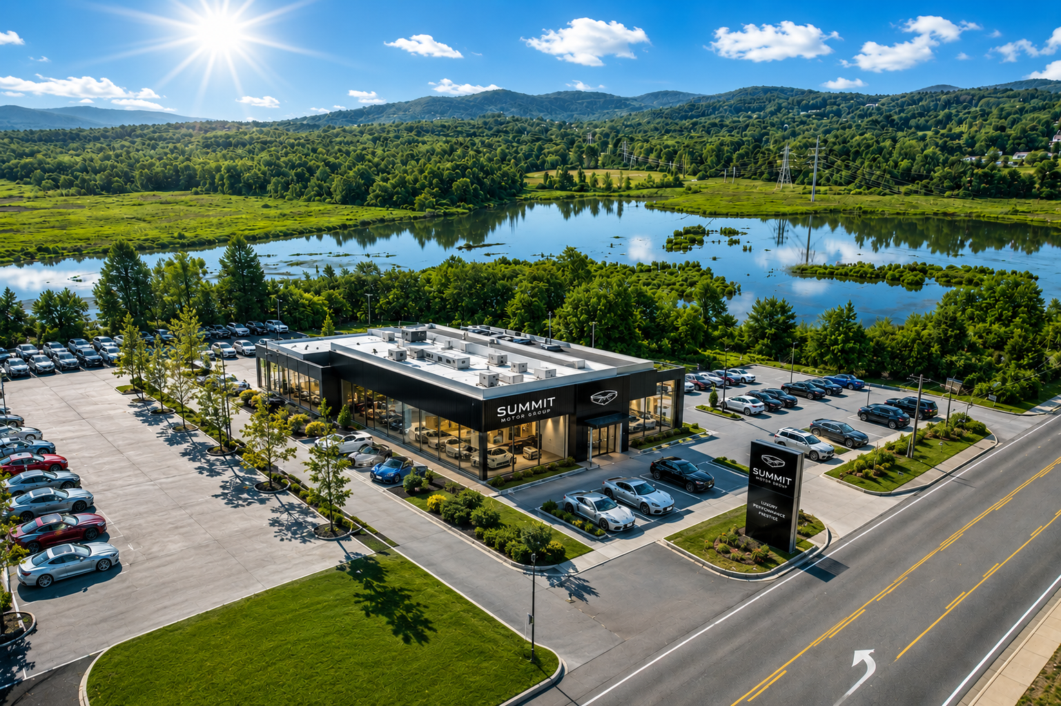 Aerial view of a modern commercial building with parking lot, surrounded by trees, lake, and mountains under a bright sun