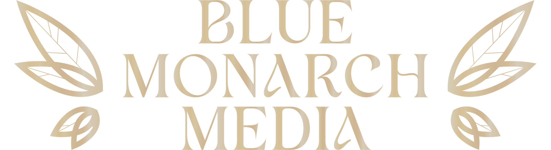 Blue Monarch Media logo with gold serif text and laurel leaf accents on a light background
