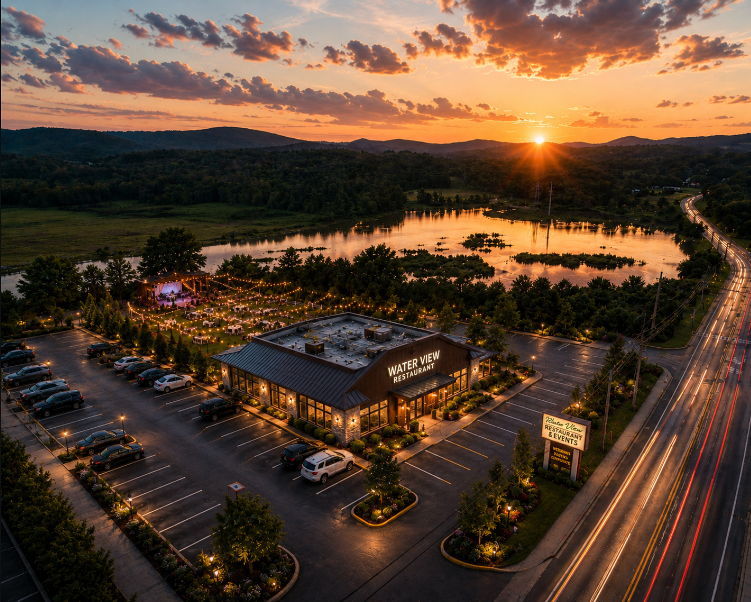 Sunset over a modern office building, parking lot, and highway with glowing traffic lights