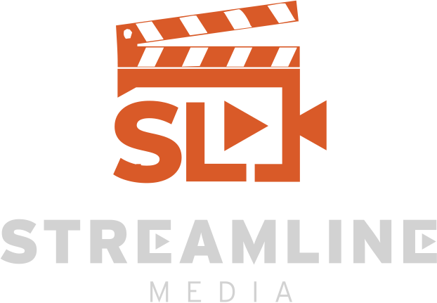 Orange and gray Streamline Media logo with a clapperboard and play icon