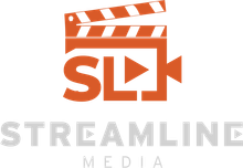 Orange and gray Streamline Media logo with a clapperboard and play icon