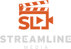Orange and gray Streamline Media logo with a clapperboard and play icon