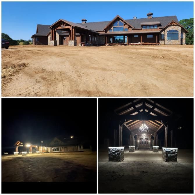 Large rustic brick house and driveway in daylight, with two nighttime views of the illuminated entry and carport.